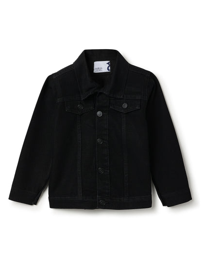 Unisex Black Cotton Regular Fit Washed Jacket