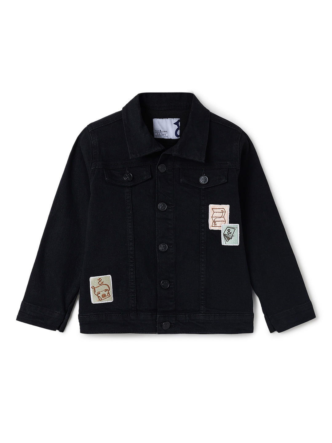 Boys & Girls Black Denim Jacket With Patches