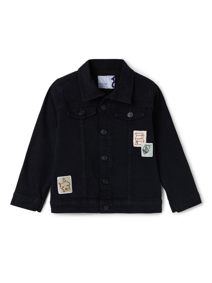 Boys & Girls Black Denim Jacket With Patches