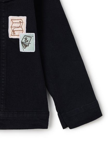Boys & Girls Black Denim Jacket With Patches