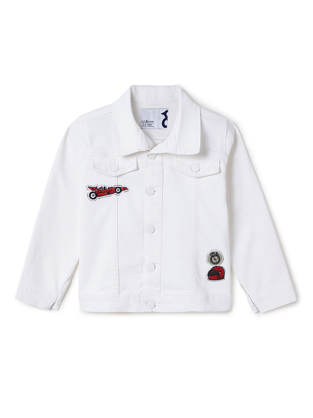 Boys & Girls White Denim Jacket with Racing Badge Patches