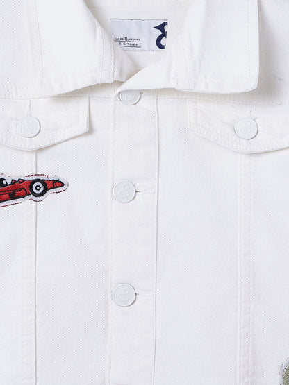 Boys & Girls White Denim Jacket with Racing Badge Patches
