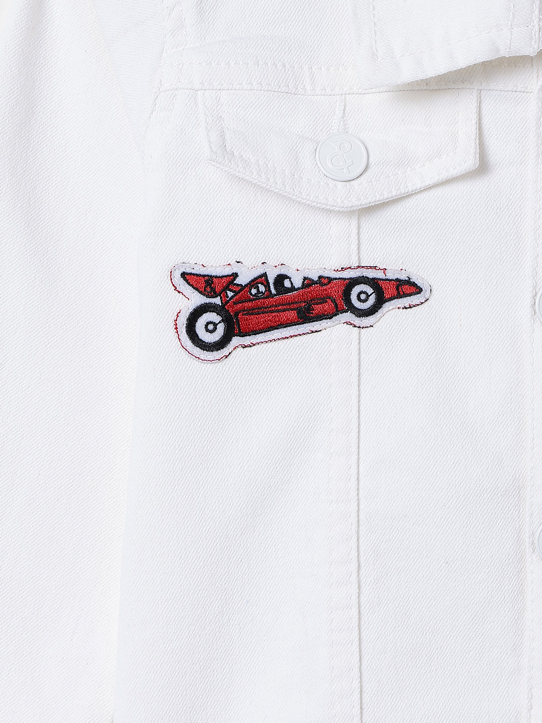 Boys & Girls White Denim Jacket with Racing Badge Patches