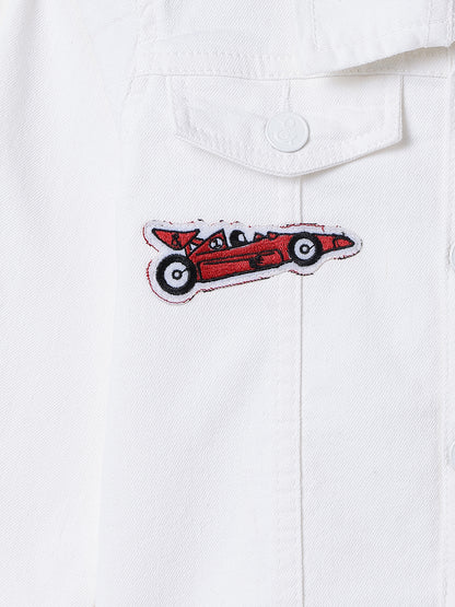 Boys & Girls White Denim Jacket with Racing Badge Patches