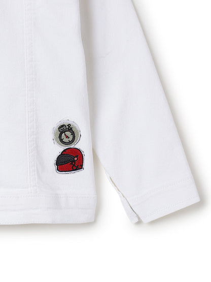 Boys & Girls White Denim Jacket with Racing Badge Patches