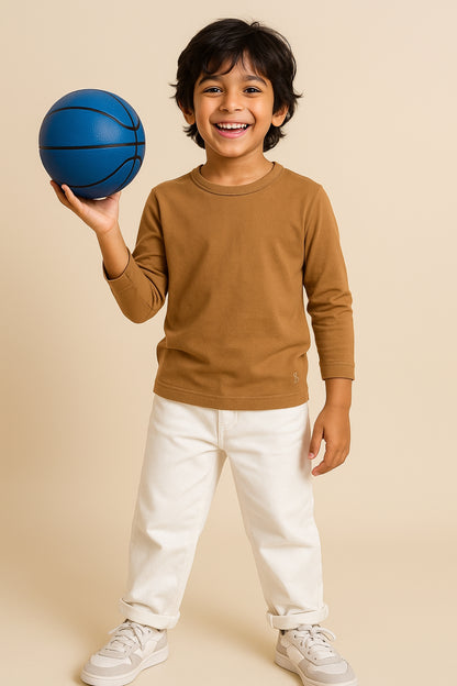 Boys Cotton Solid Casual Brown T-Shirt