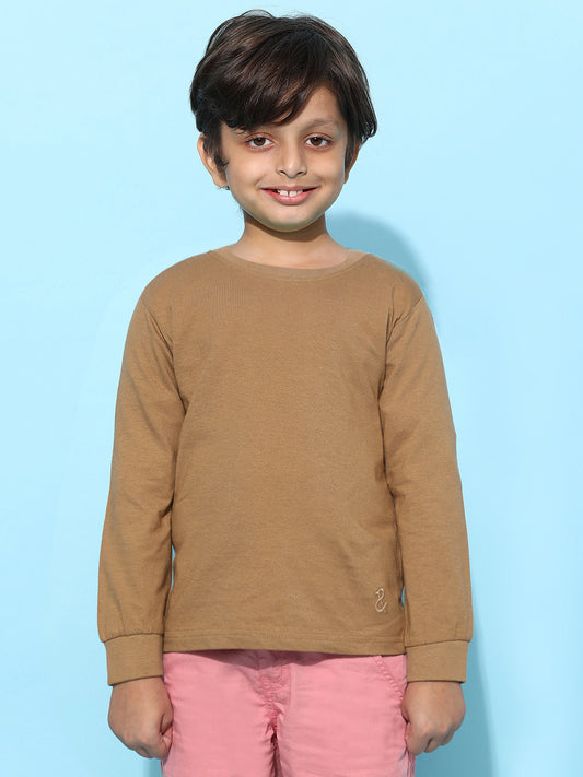 Boys Cotton Solid Casual Brown T-Shirt