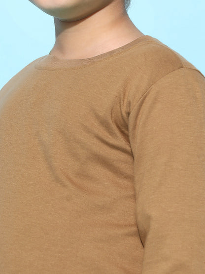 Boys Cotton Solid Casual Brown T-Shirt