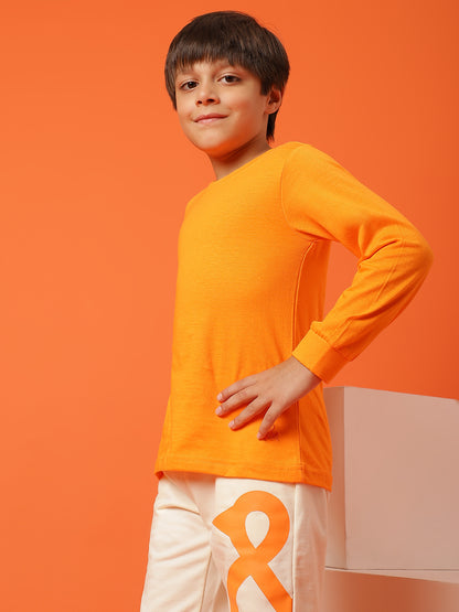 Boys Orange Cotton Regular Full Sleeve Solid T-shirt