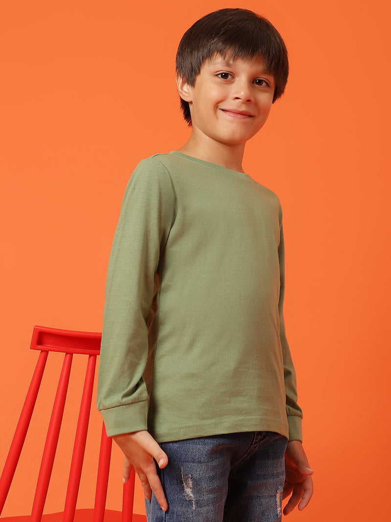 Boys Olive Cotton Regular Full Sleeve Solid T-shirt