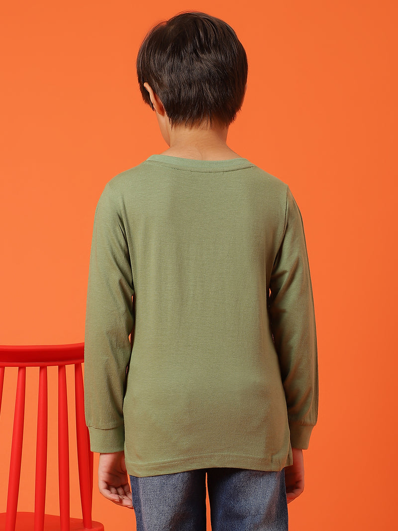 Boys Olive Cotton Regular Full Sleeve Solid T-shirt