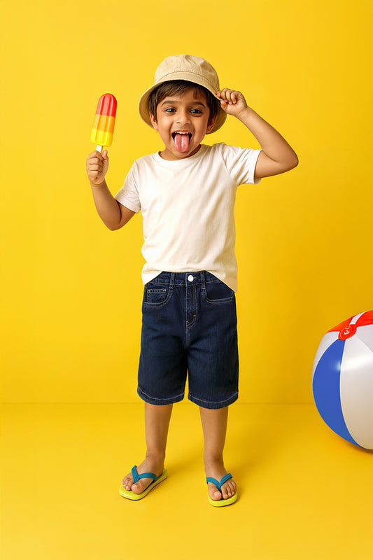 Boys Dark Blue Lycra Washed Bermuda