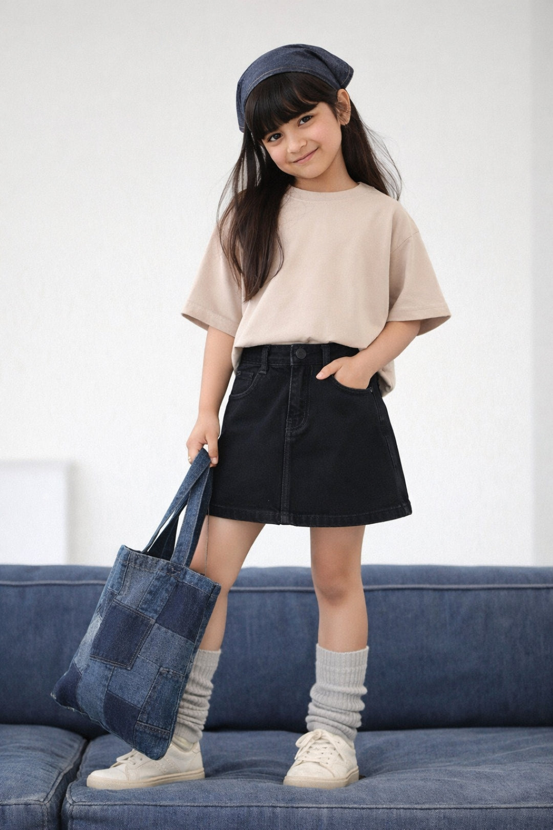Girls Black A-Line Washed Lycra Above Knee Skirt