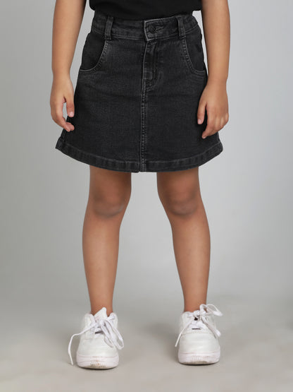 Girls Black A-Line Washed Lycra Above Knee Skirt