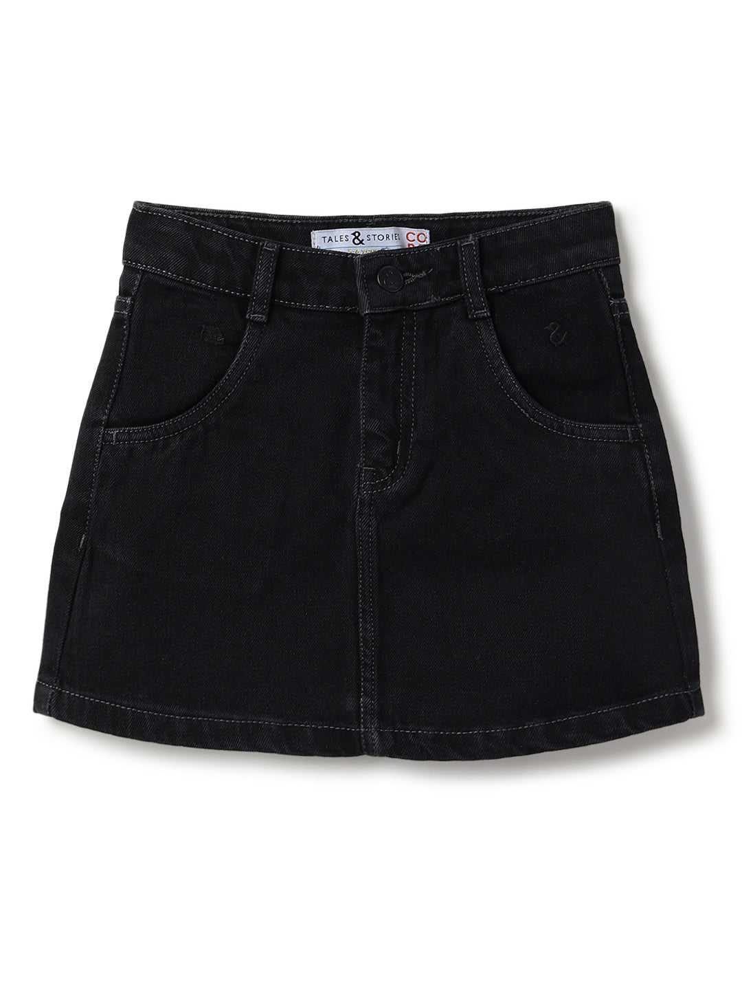 Girls Black A-Line Washed Lycra Above Knee Skirt
