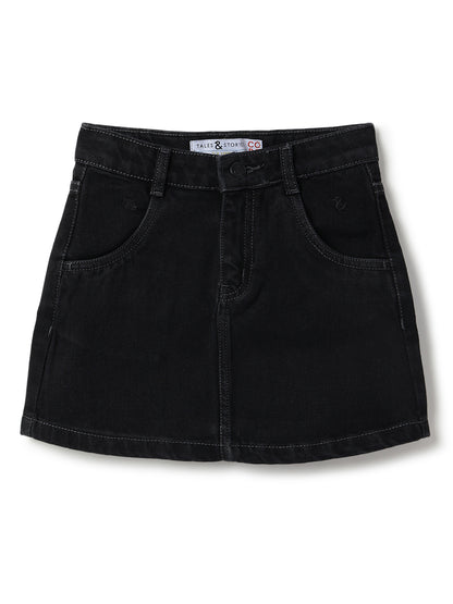 Girls Black A-Line Washed Lycra Above Knee Skirt