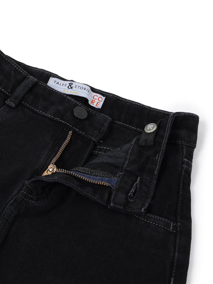 Girls Black A-Line Washed Lycra Above Knee Skirt