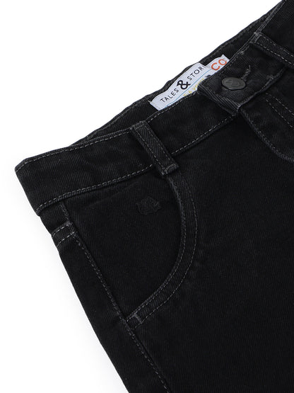 Girls Black A-Line Washed Lycra Above Knee Skirt