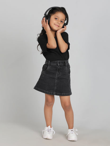 Girls Black A-Line Washed Lycra Above Knee Skirt