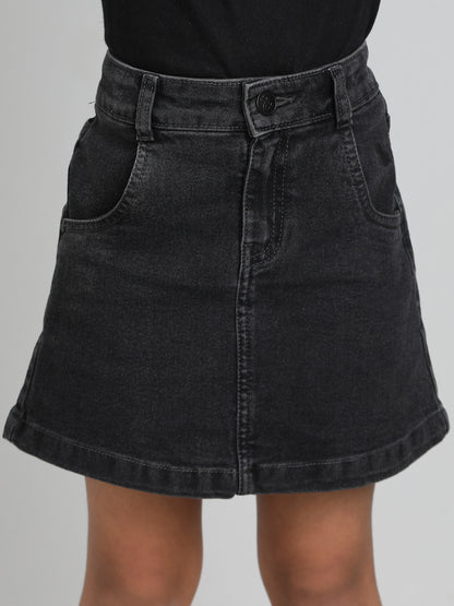 Girls Black A-Line Washed Lycra Above Knee Skirt