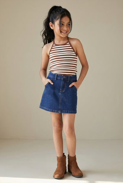 Girls Dark Blue A-Line Stretchable Denim Skirt