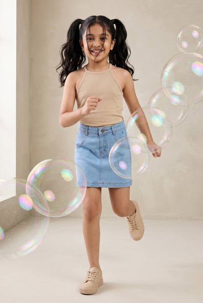 Girls Light Blue A-Line Stretchable Denim Skirt