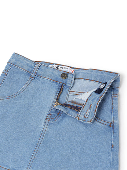 Girls Light Blue A-Line Stretchable Denim Skirt
