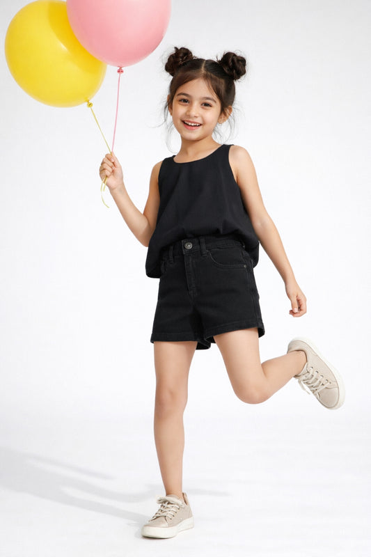 Girls Black Washed Lycra Regular Fit Above Knee Shorts