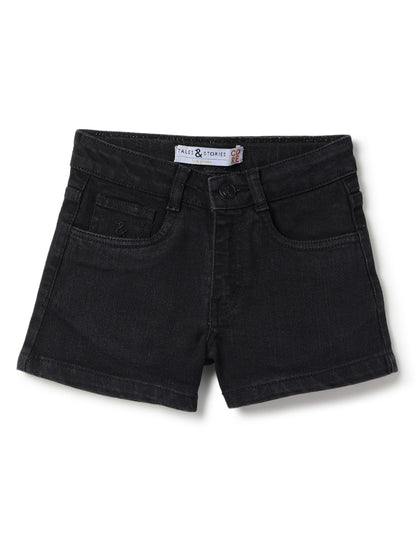 Girls Black Washed Lycra Regular Fit Above Knee Shorts