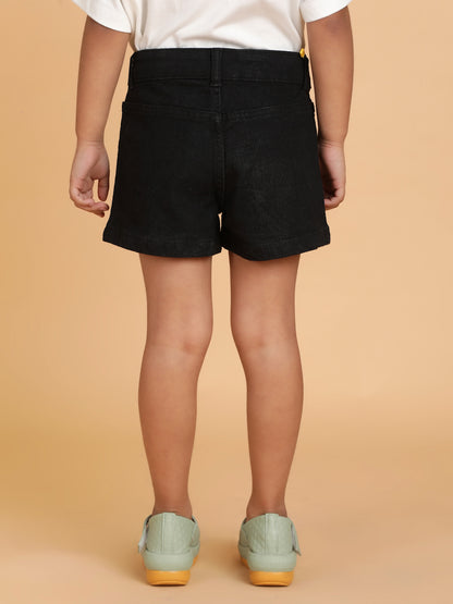 Girls Black Washed Lycra Regular Fit Above Knee Shorts