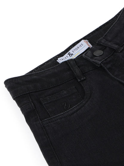 Girls Black Washed Lycra Regular Fit Above Knee Shorts