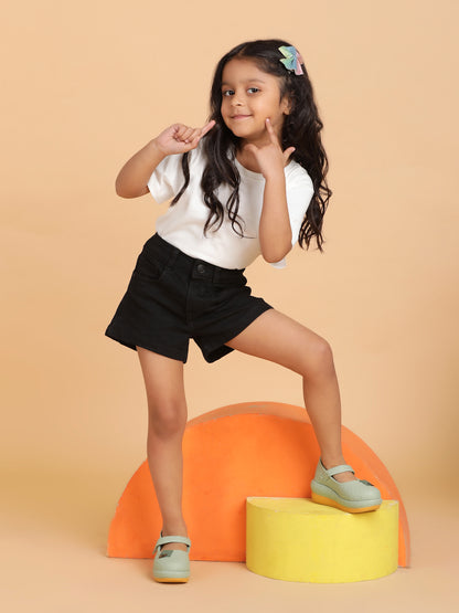 Girls Black Washed Lycra Regular Fit Above Knee Shorts