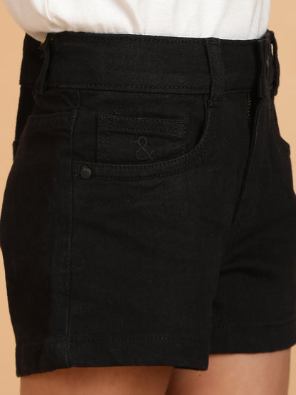 Girls Black Washed Lycra Regular Fit Above Knee Shorts