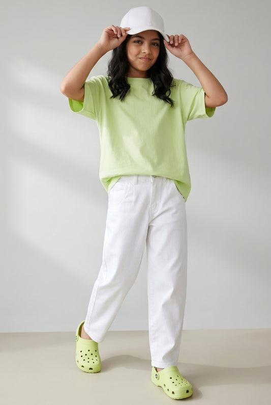 Girls Lycra Denim White Slouchy Fit Jeans