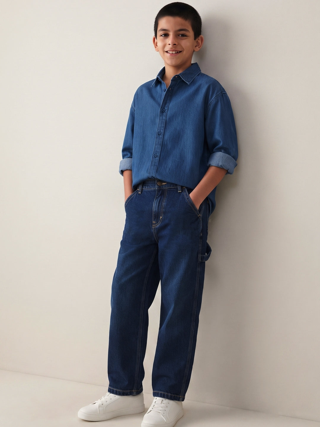 Boys Lycra Denim Washed Blue Carpenter Fit Jeans