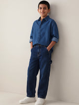 Boys Lycra Denim Washed Blue Carpenter Fit Jeans