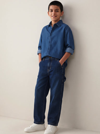 Boys Lycra Denim Washed Blue Carpenter Fit Jeans