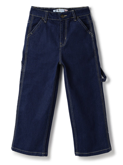 Boys Lycra Denim Washed Blue Carpenter Fit Jeans