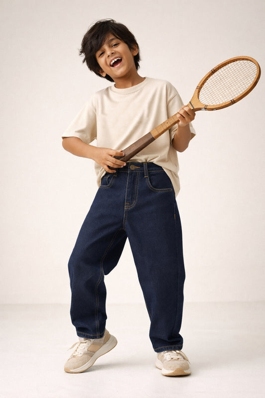 Boys Dark Blue Denim Barrel Fit Jeans