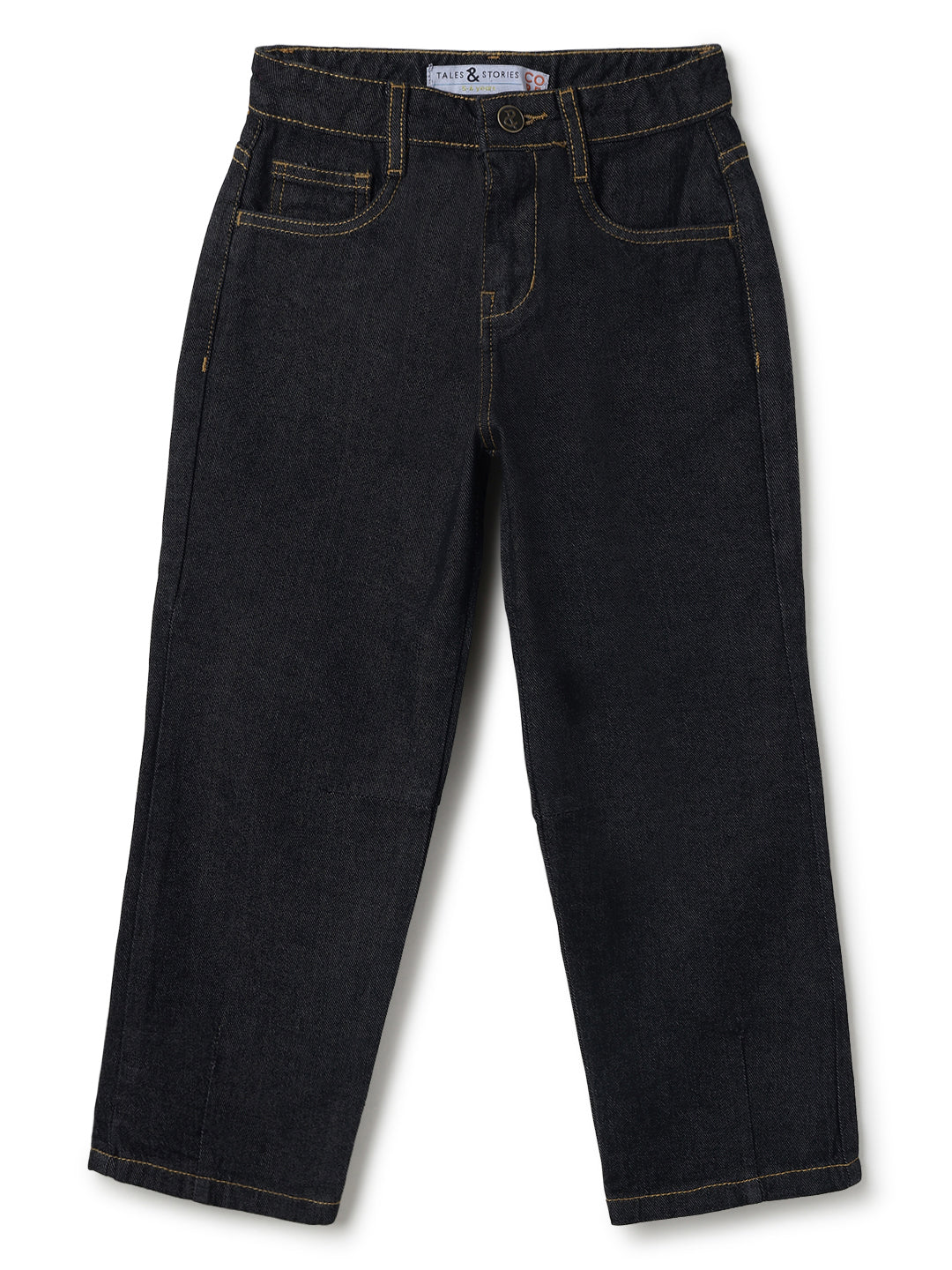 Boys Cotton Orange Stripes Printed Shirt With Black Denim Washed Regular Fit Jeans