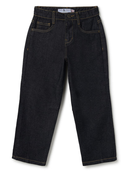 Boys Cotton Orange Stripes Printed Shirt With Black Denim Washed Regular Fit Jeans
