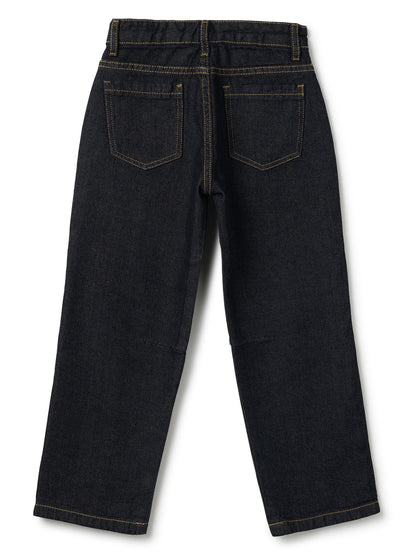 Boys Cotton Orange Stripes Printed Shirt With Black Denim Washed Regular Fit Jeans