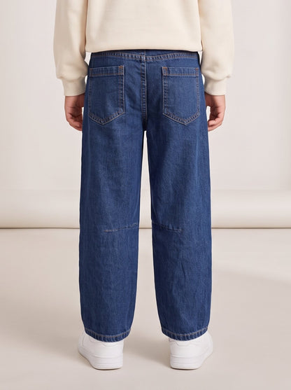 Boys Blue Cotton Washed Barrel Fit Jeans