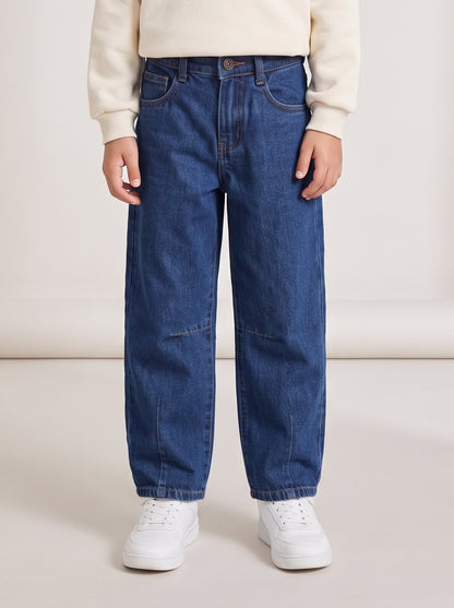 Boys Blue Cotton Washed Barrel Fit Jeans