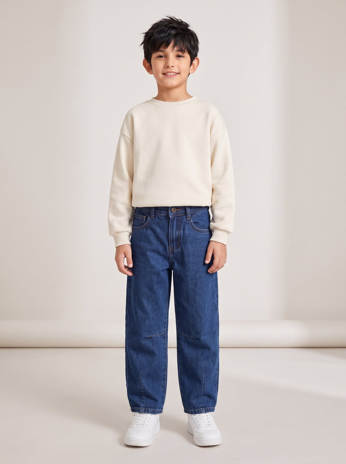 Boys Blue Cotton Washed Barrel Fit Jeans