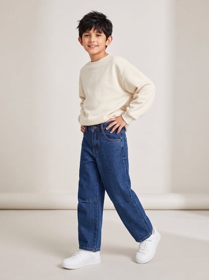 Boys Blue Cotton Washed Barrel Fit Jeans