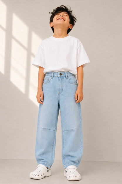 Boys Light Blue Barrel Fit Denim Jeans