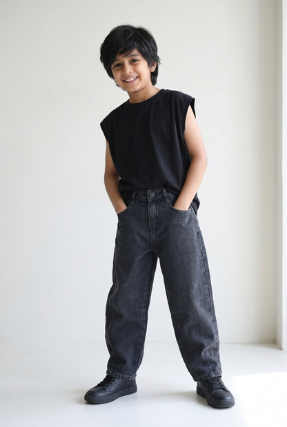 Boys Dark Grey Barrel Fit Denim Jeans