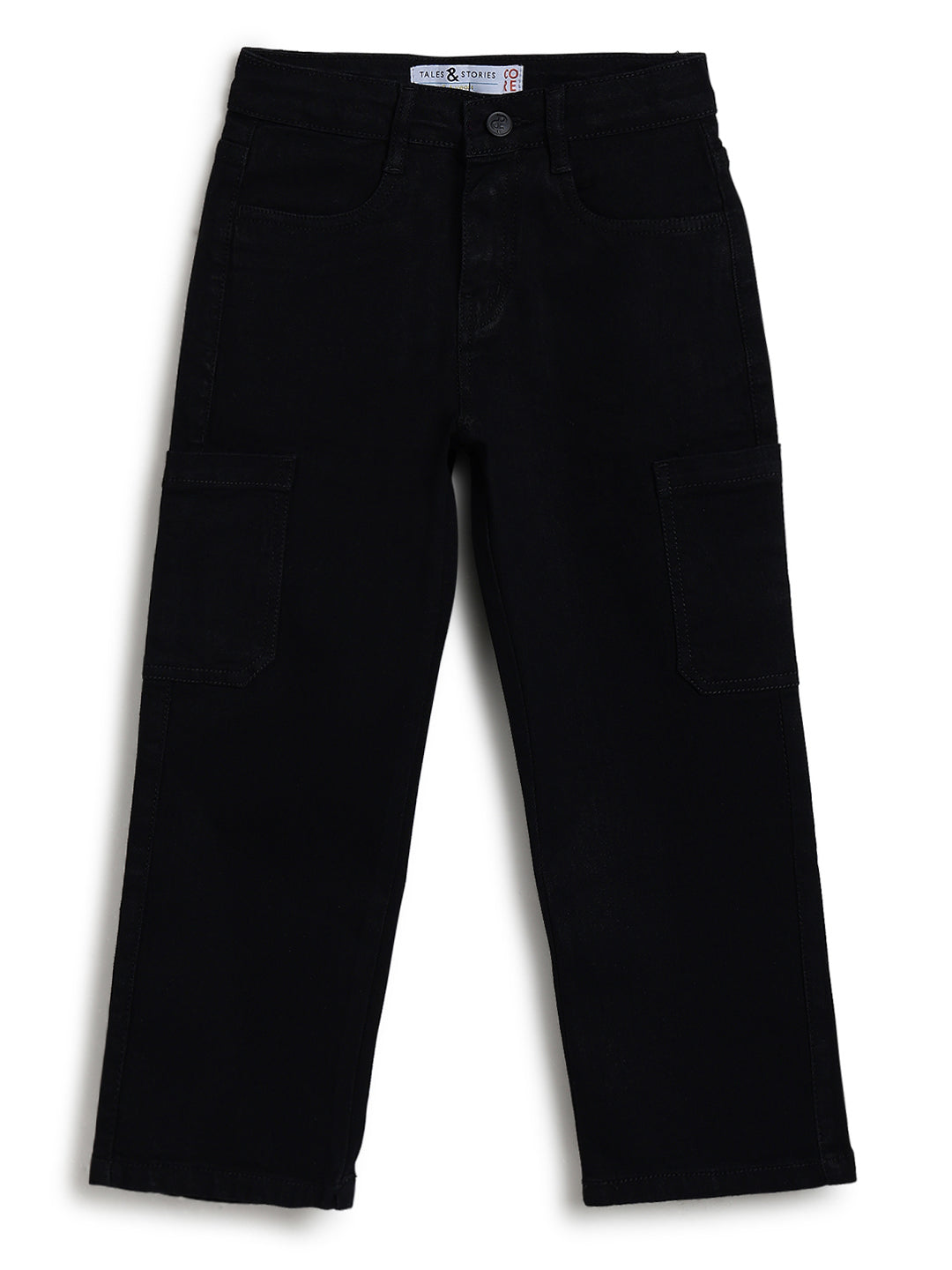 Boys & Girls Unisex Black Stretchable Baggy Fit Denim Cargo Jeans