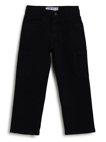 Boys & Girls Unisex Black Stretchable Baggy Fit Denim Cargo Jeans